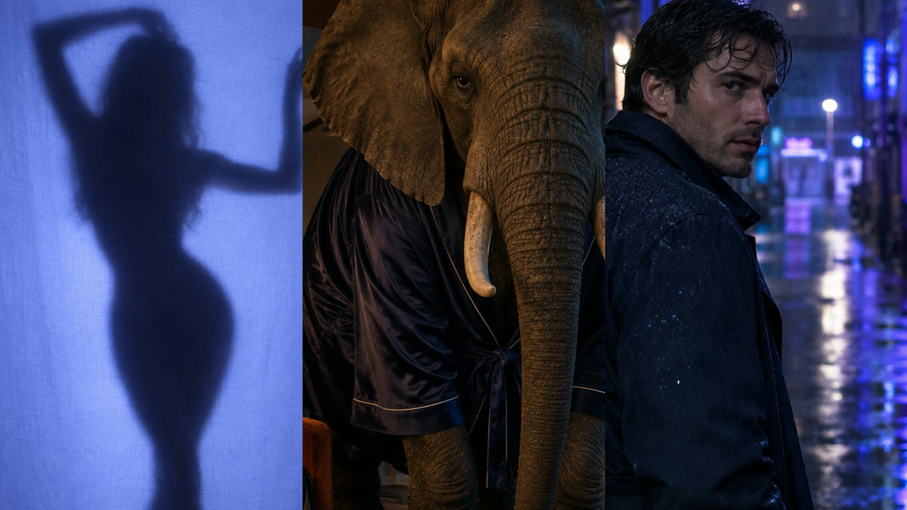 Three directed photos from the set: a silhouette, an elephant in a robe, a man in a navy trench