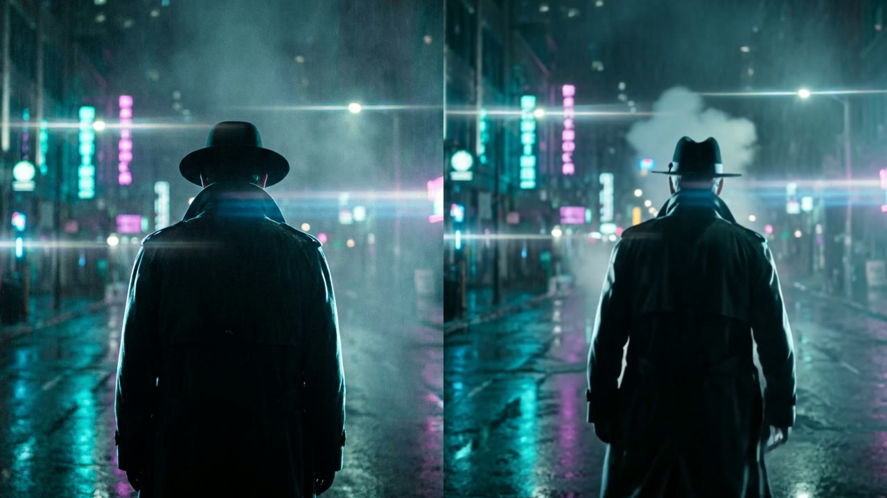 An AI film keyframe and a frame from its video: a man in a hat walking into neon rain