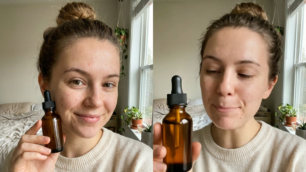 An AI selfie of a woman with a serum bottle, and a frame from her video